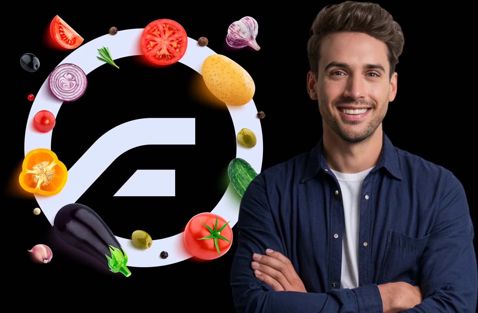 Homem em pé diante de um círculo formado por diversos vegetais coloridos, destacando a variedade e frescor dos alimentos.