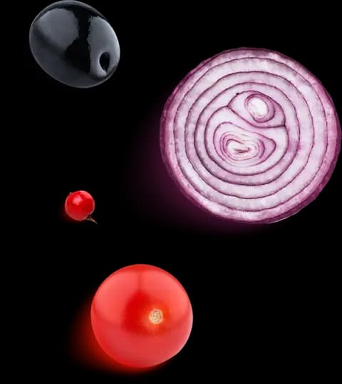 Tomate, cereja, cebola e azeitona preta